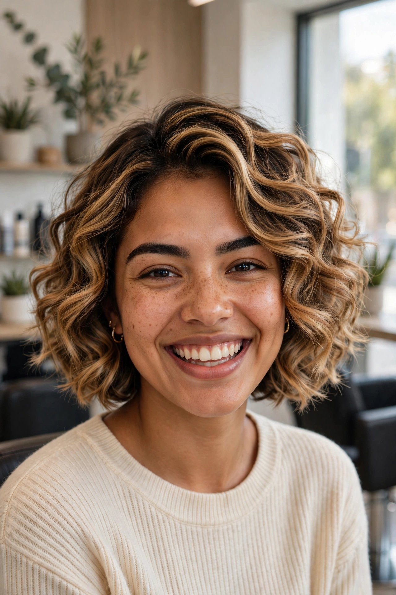 Caramel blonde balayage bob with soft curls on a Latina woman