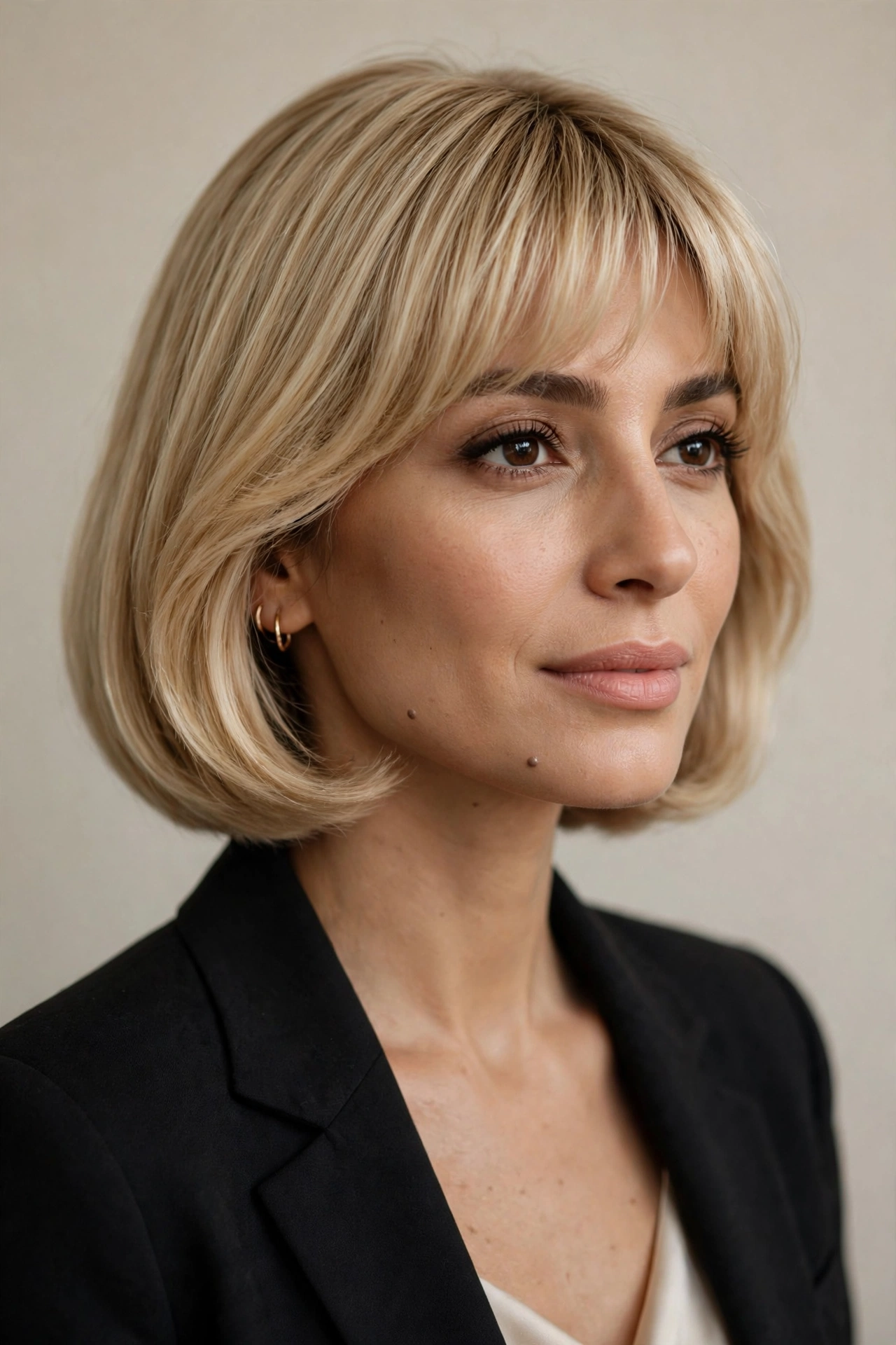 Champagne blonde French bob with soft fringe on a Middle Eastern woman