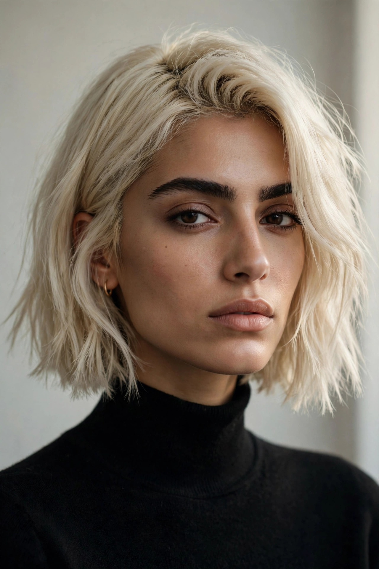 Cream blonde boxy bob with piecey ends on a Middle Eastern woman