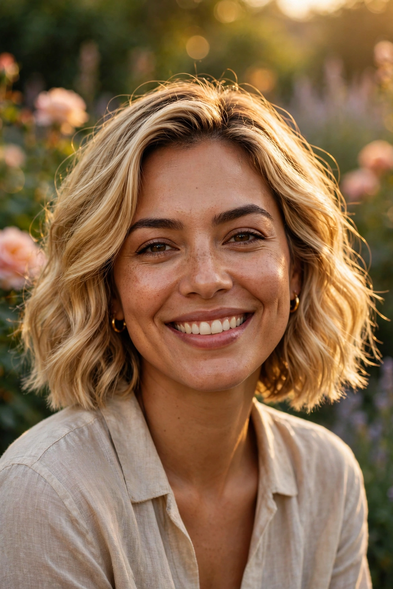 Golden blonde wavy bob on a Latina woman in golden hour light