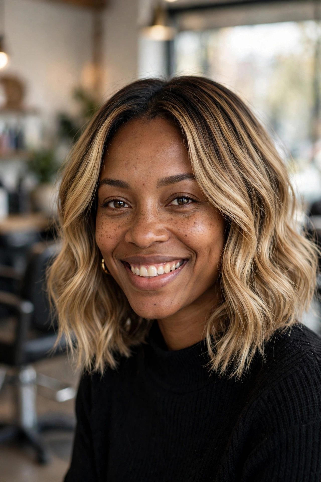 Honey blonde balayage long bob on a Black woman with soft waves
