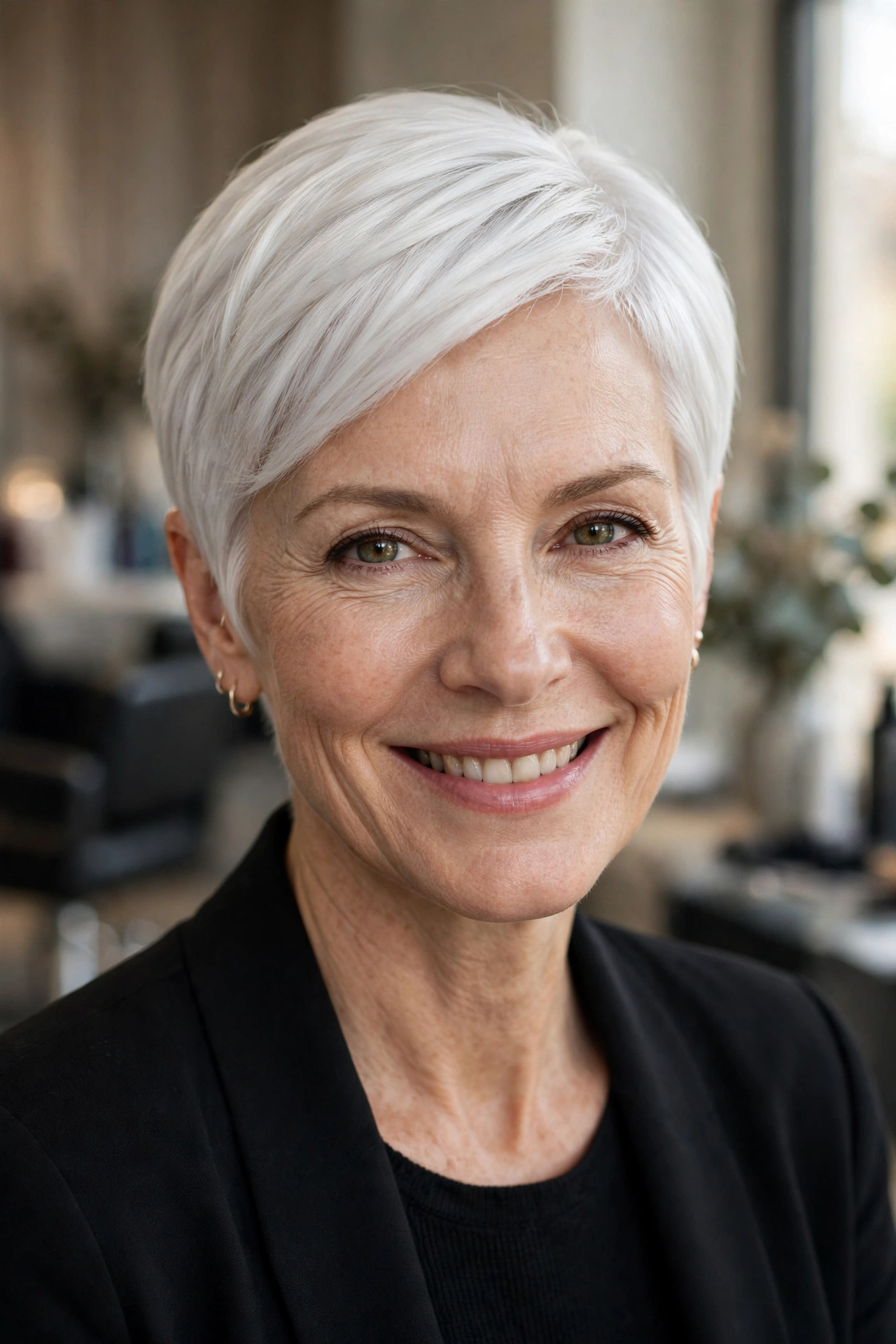 Icy white platinum pixie-bob on an elegant woman in her 50s