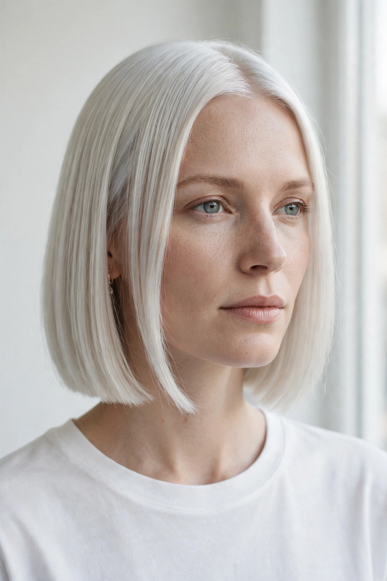 Nordic white-blonde blunt long bob with glass finish on a Scandinavian woman