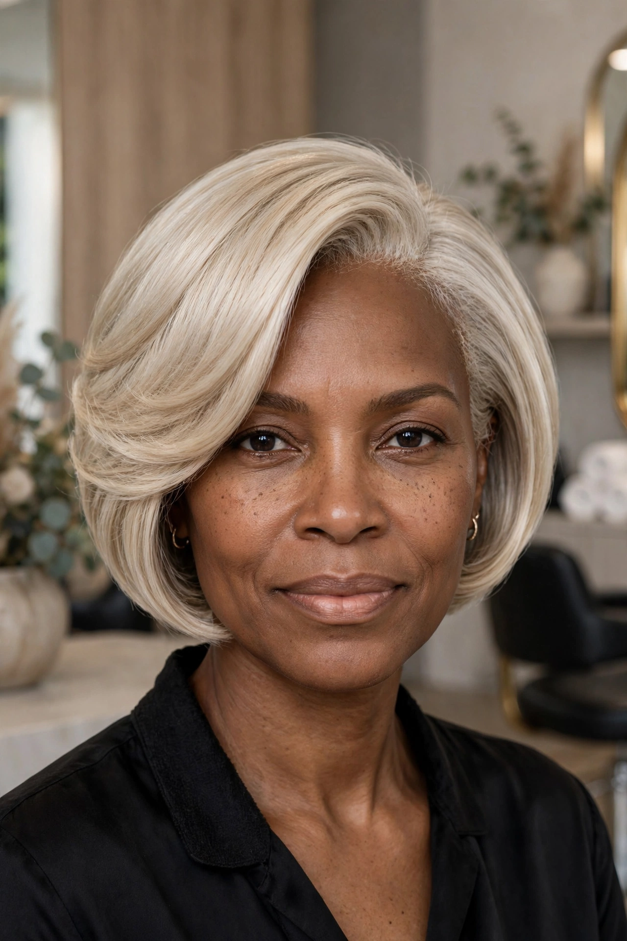 Pearl blonde graduated stacked bob on a Black woman