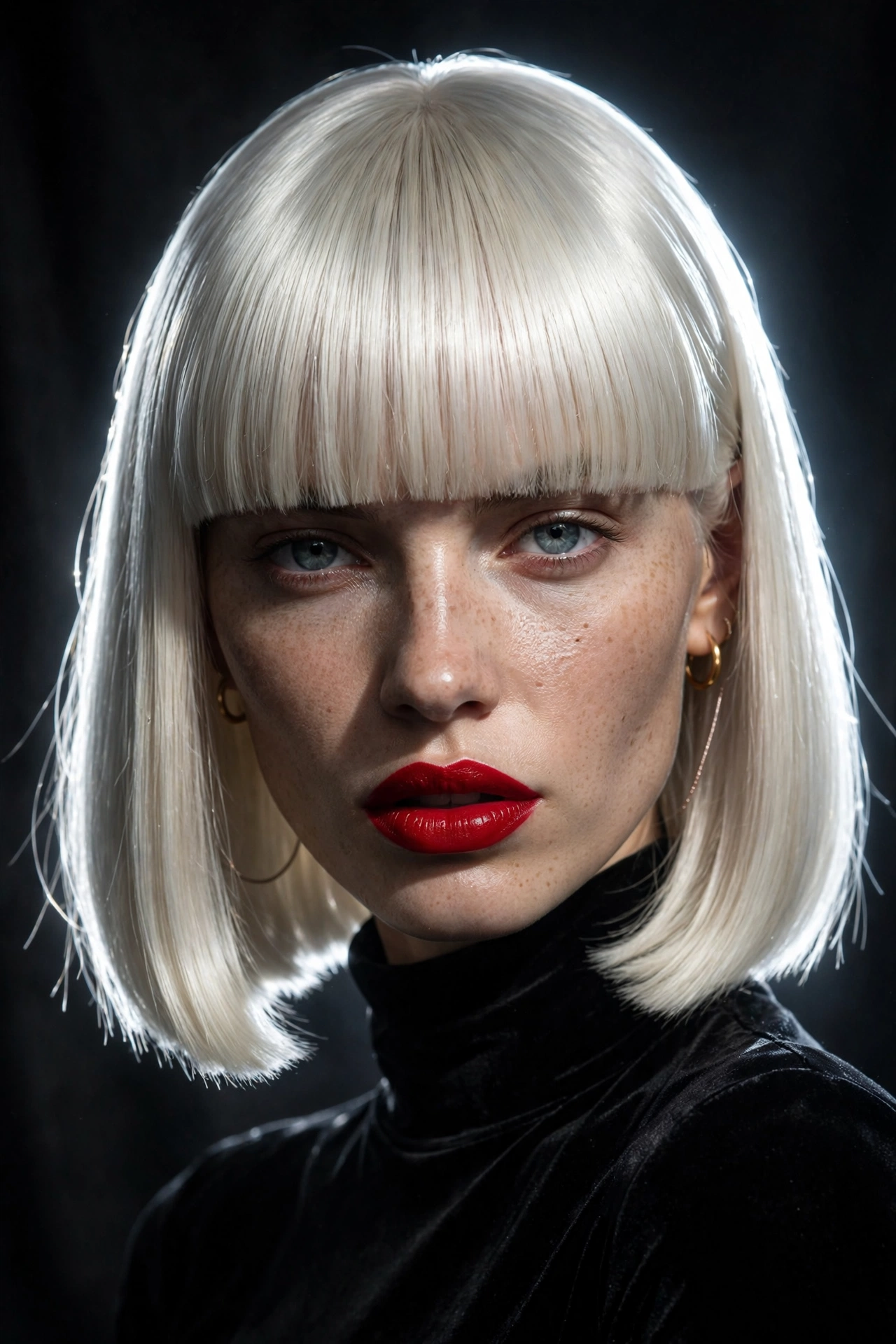 Platinum blonde blunt bob, one of the most striking blonde bob hairstyles for fine hair, with glass shine and bold red lips