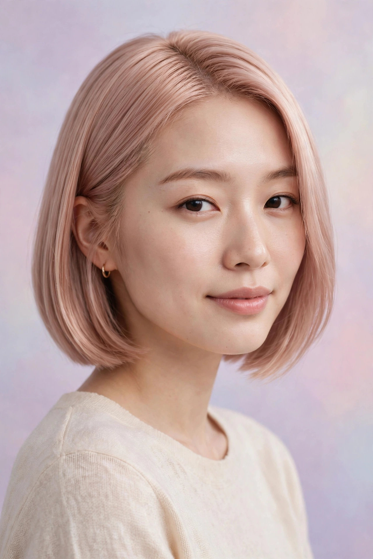 Rose-gold blonde bob with metallic pink tones on an East Asian woman