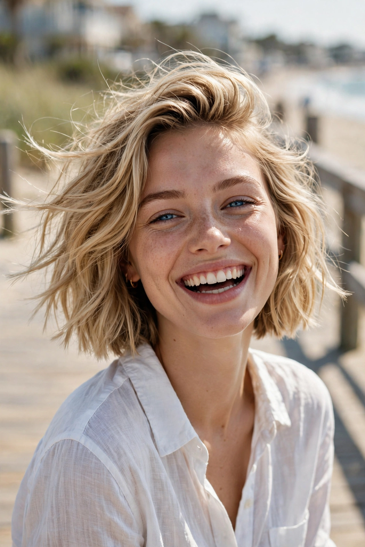 Sandy blonde beachy bob with windswept texture on a young woman
