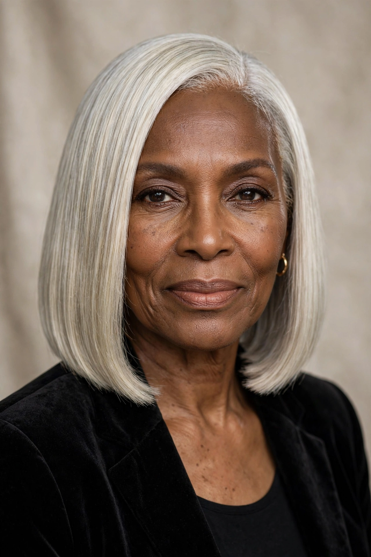 Silver-blonde sleek straight bob on a distinguished Black woman in her 60s