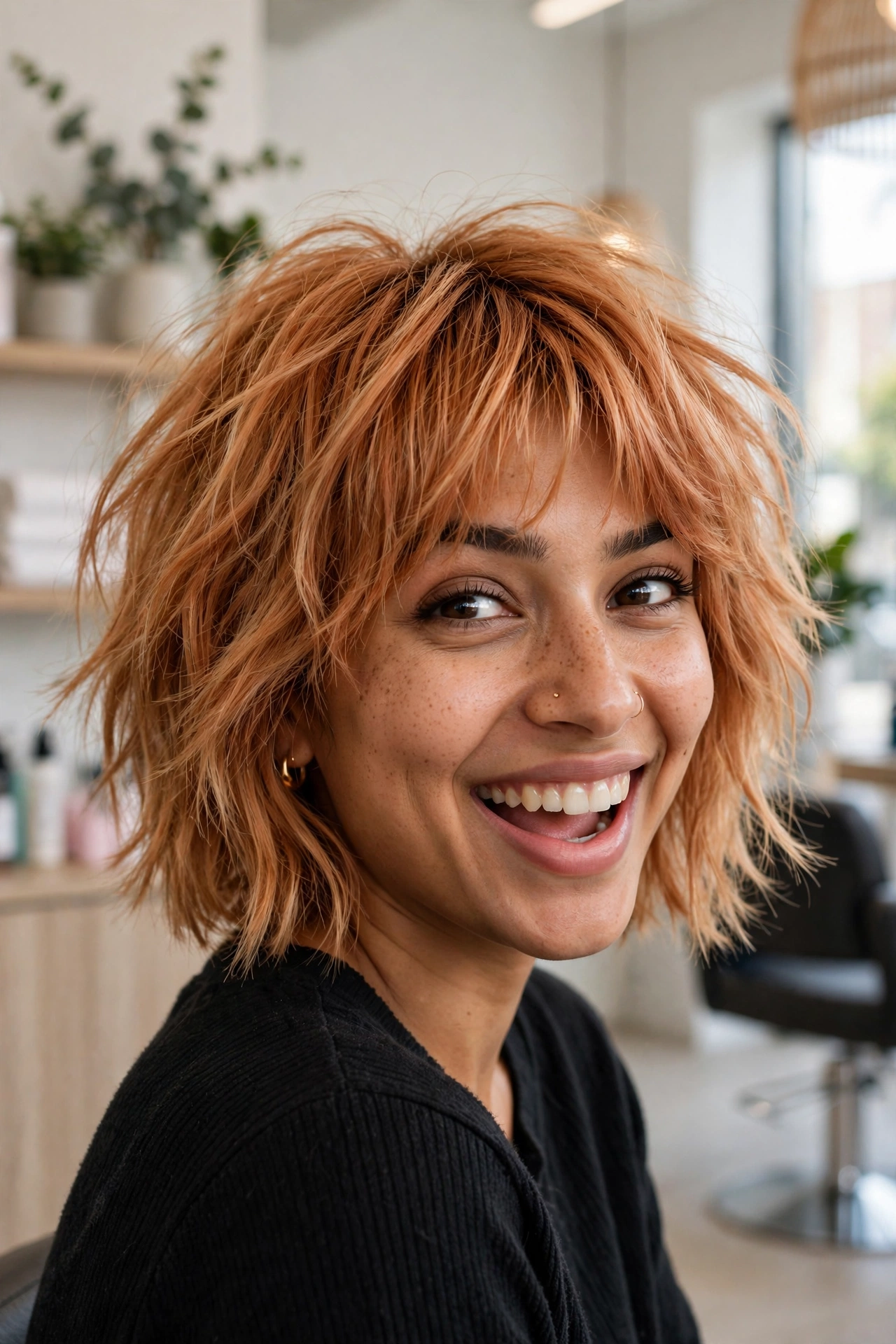 Strawberry blonde shaggy bob with coppery tones on a South Asian woman