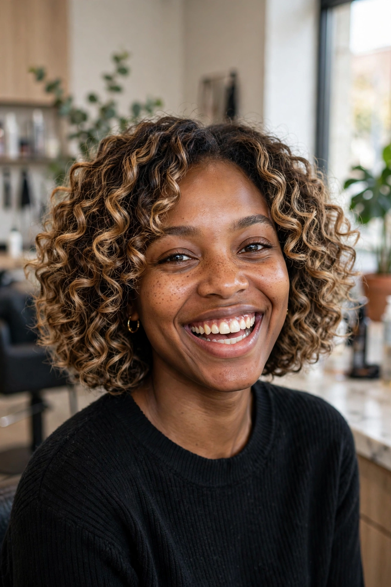 Toffee blonde balayage curly bob with defined curls on a Black woman