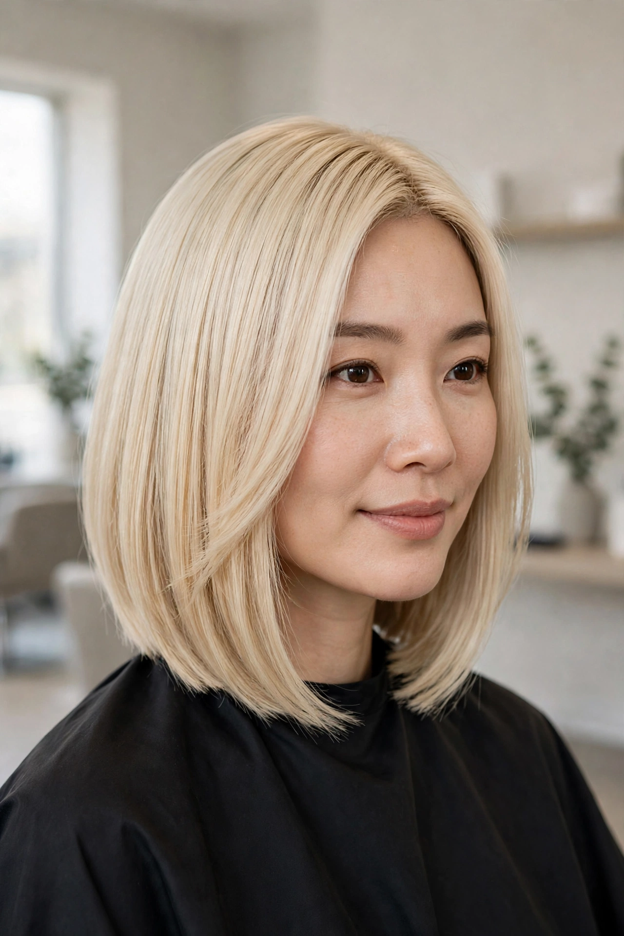 Vanilla blonde A-line bob, longer in front, on an East Asian woman