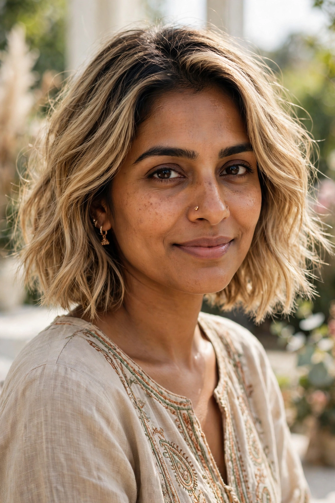 Wheat blonde boho bob with tousled waves on a South Asian woman