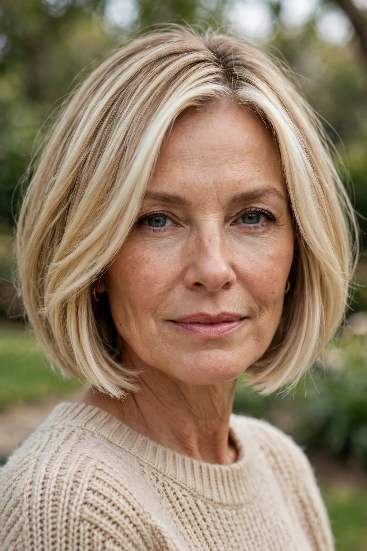 Blonde Italian hairstyle with soft balayage on a Caucasian woman in her 50s