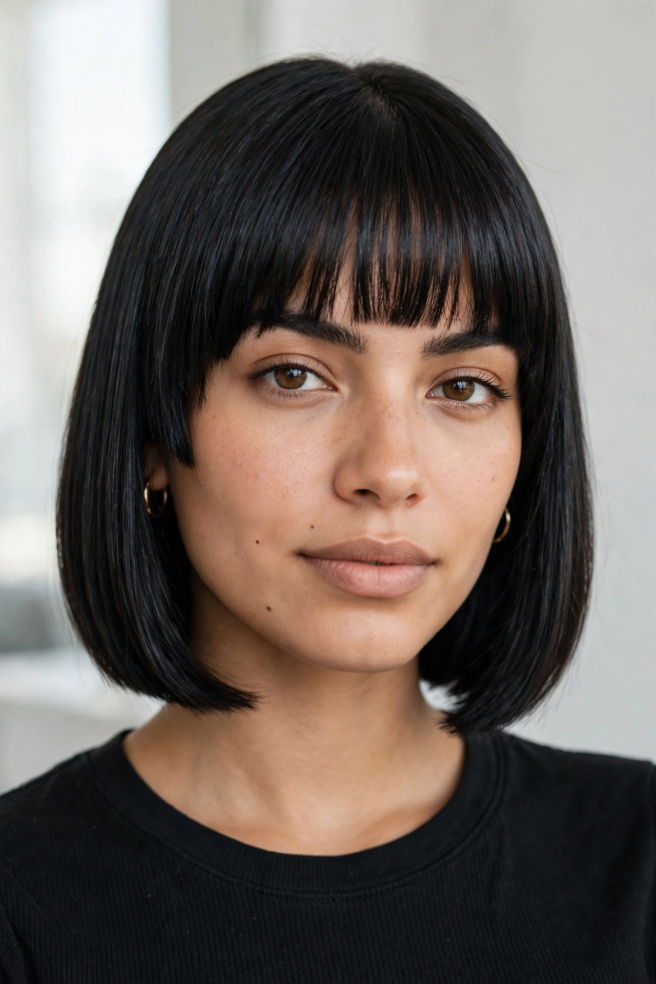 Chin-length bob on straight black hair with blunt straight-across bangs