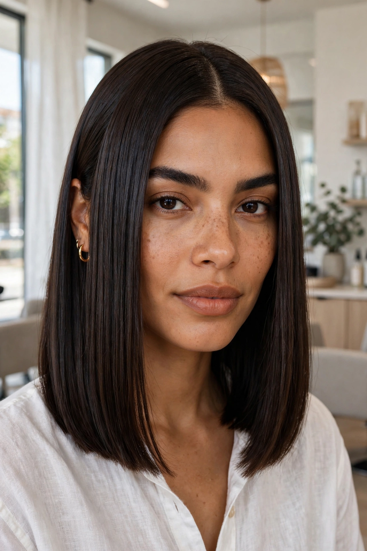 Shoulder-length blunt lob on straight brunette hair with middle part