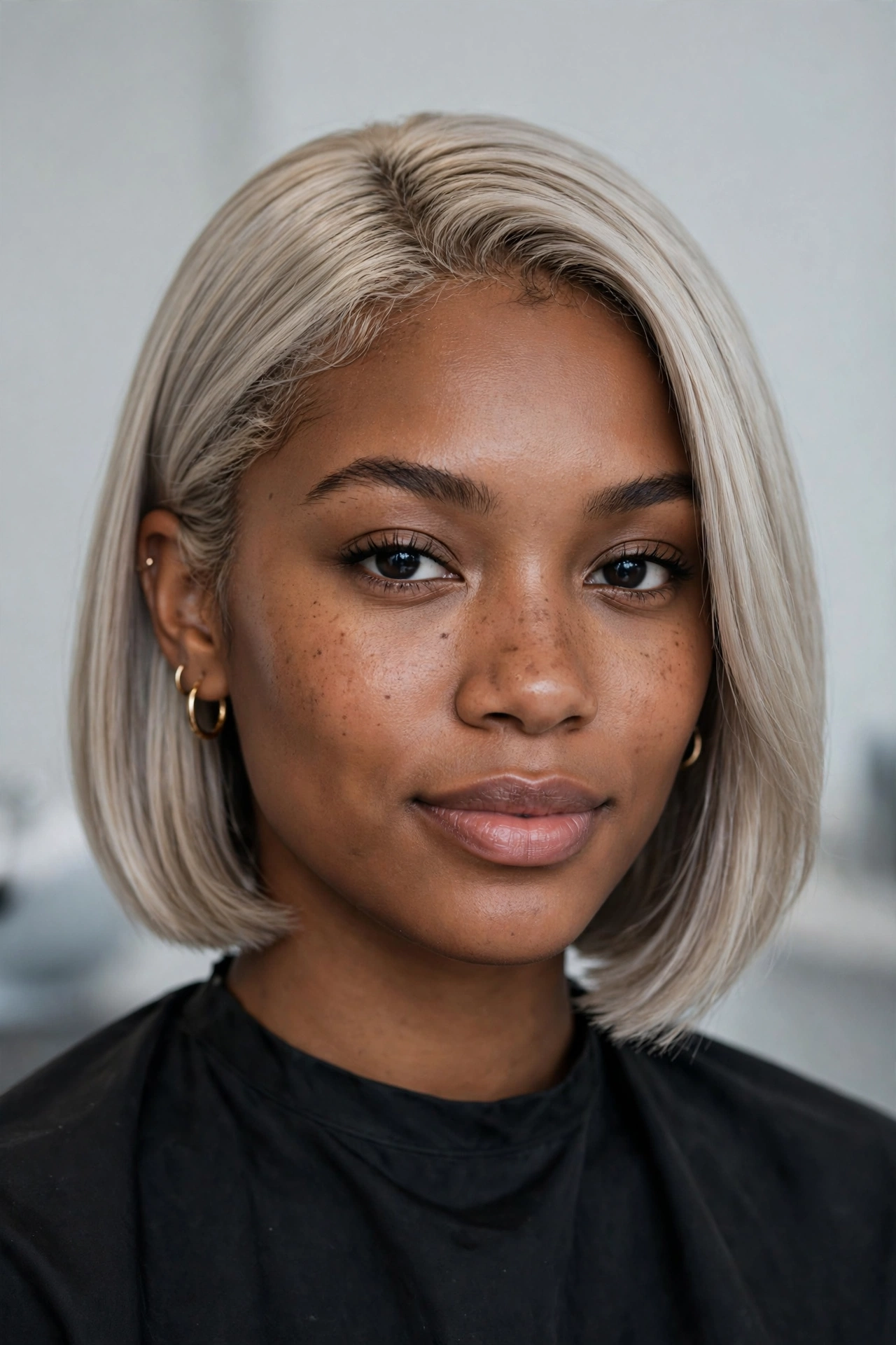 Cool ash blonde bob haircut with smoky tone and smooth straight finish