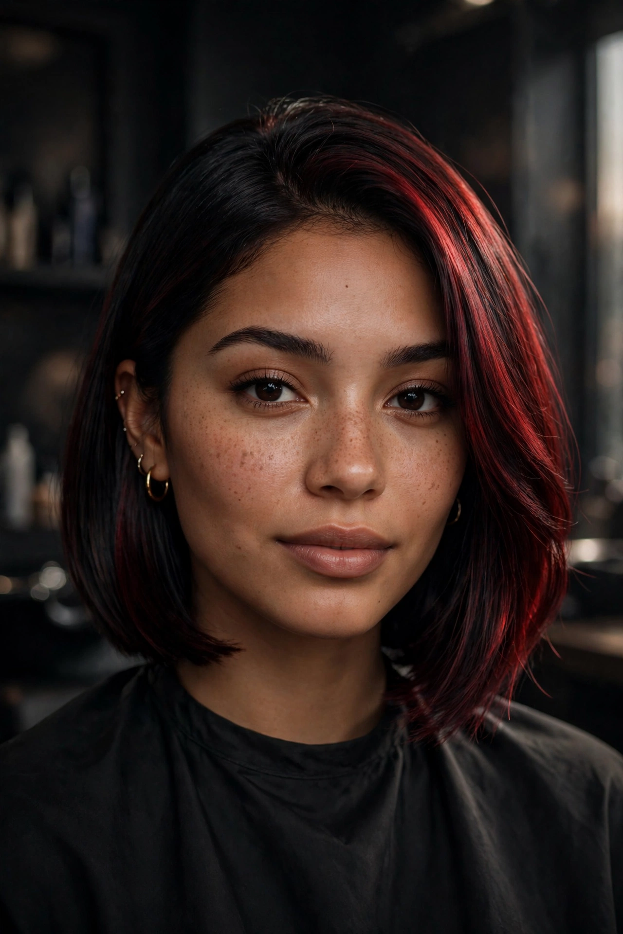 Black cherry bob haircut, near-black base with deep red cherry glow in the light