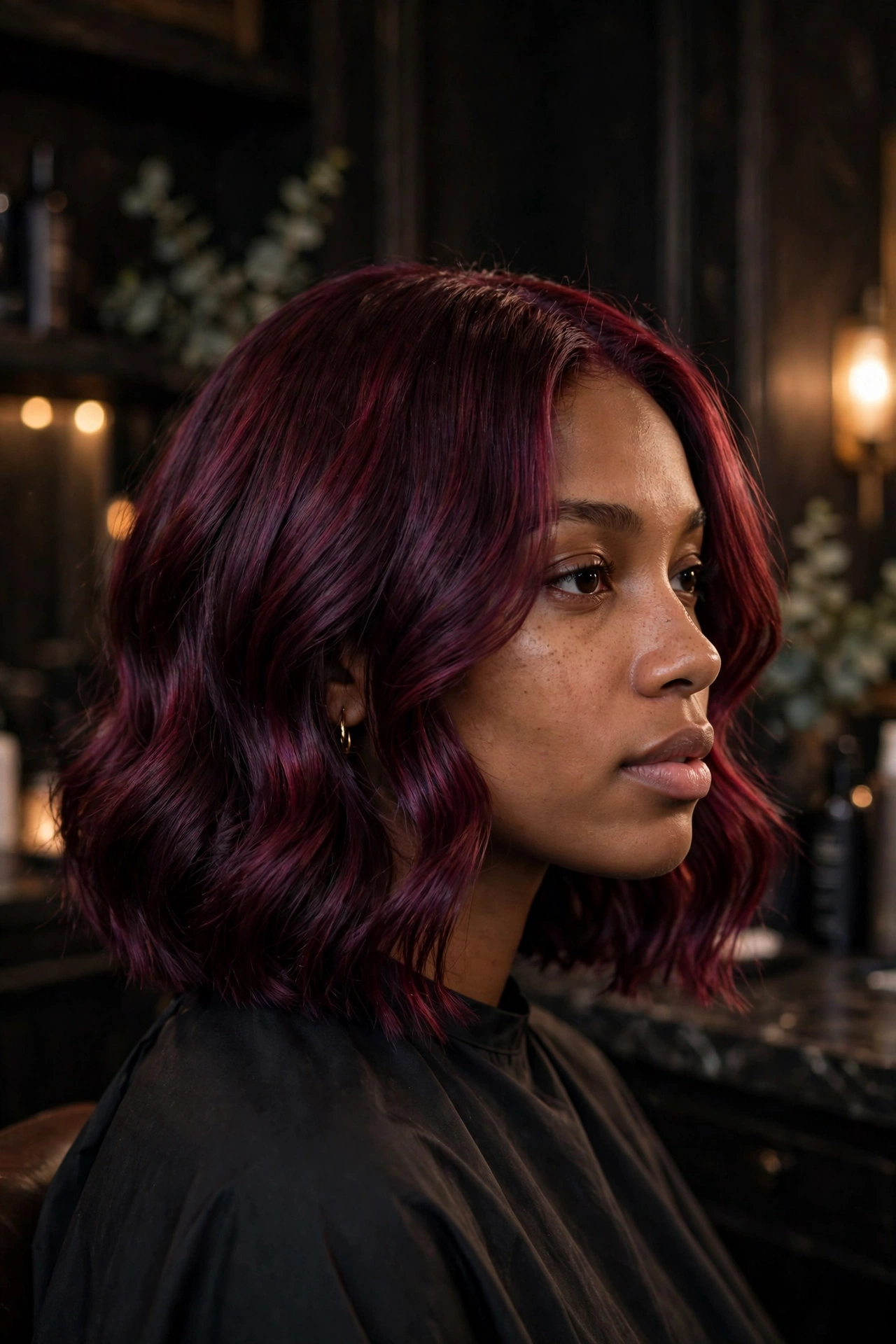 Deep burgundy wine bob haircut with rich red-violet tone and glossy waves