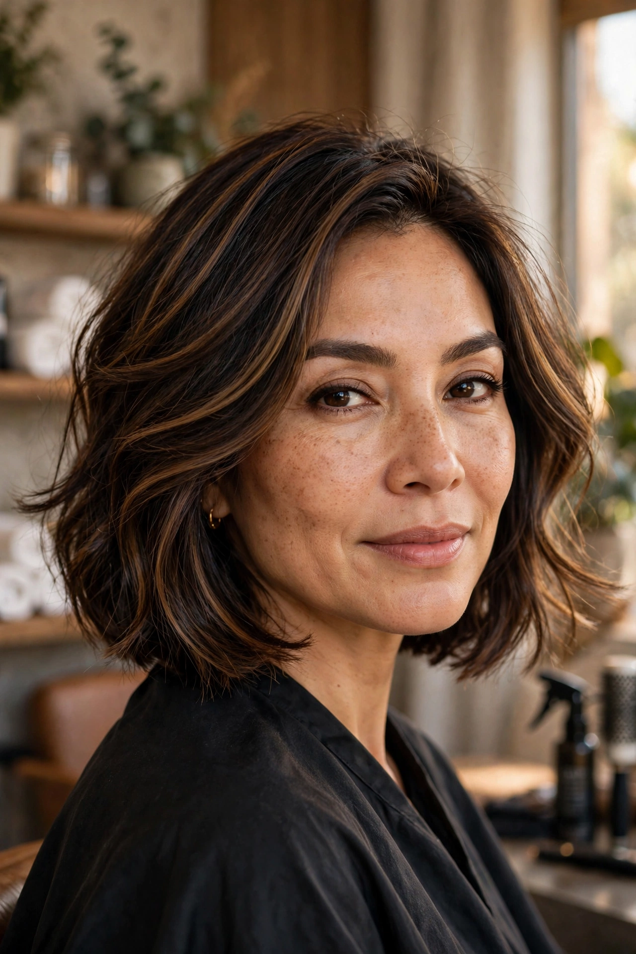 Dark brown bob haircut with caramel highlights woven through in dimensional ribbons
