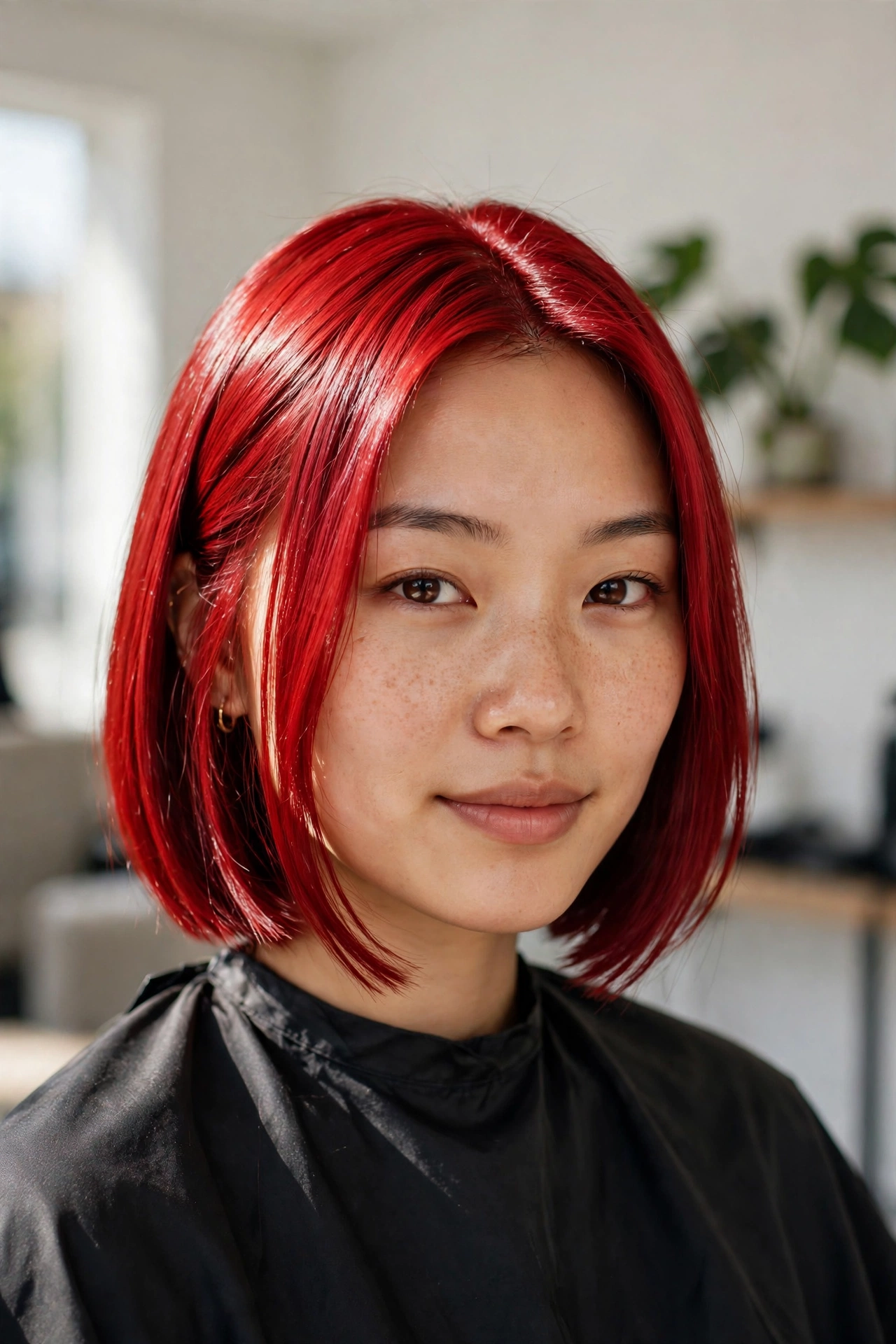 Vivid cherry red bob haircut with high-gloss vibrant color and sleek texture