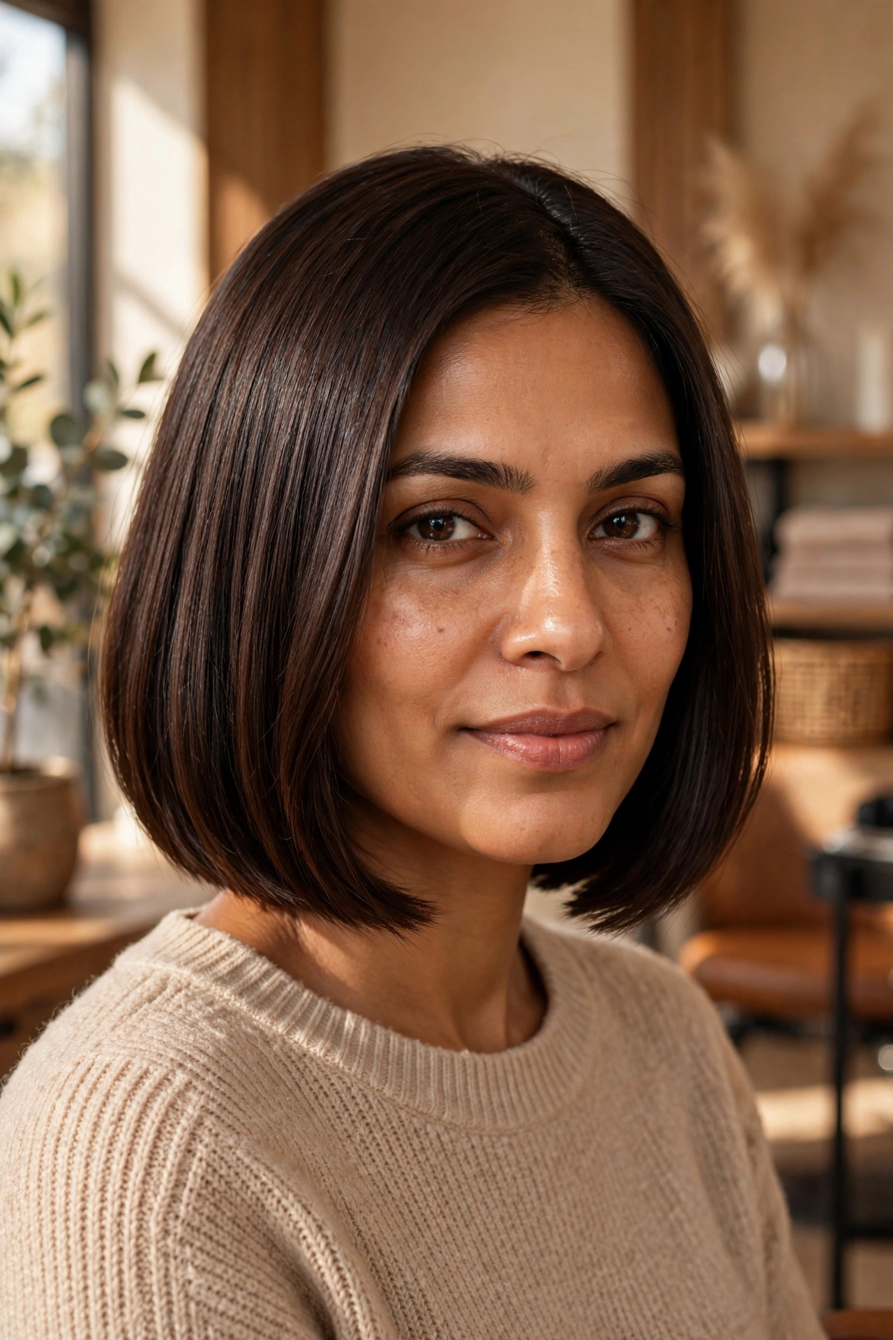Rich chocolate brown bob haircut with deep glossy one-tone color and blunt ends