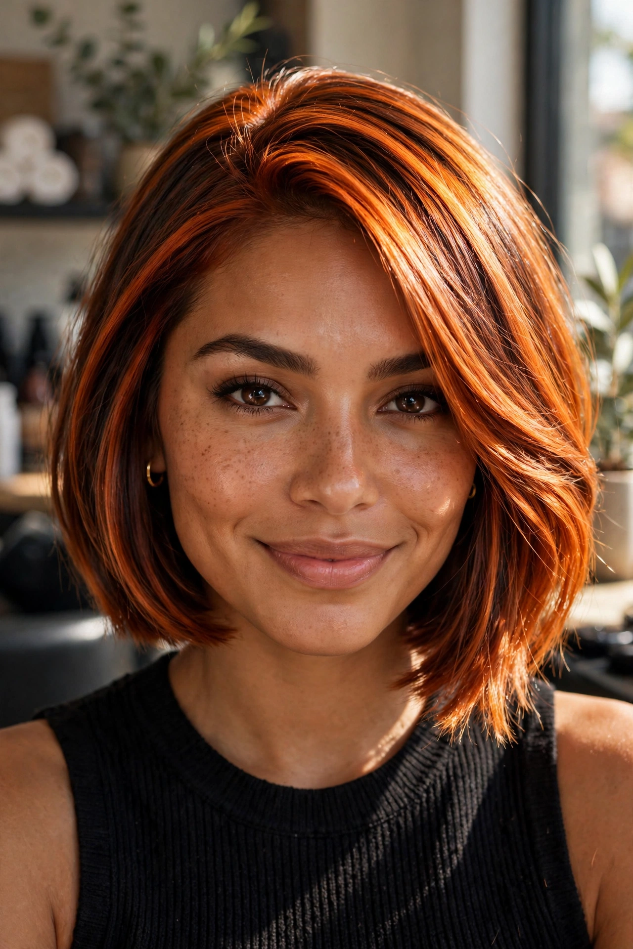Glossy copper balayage bob haircut, a stunning hair color for bob hairstyles with molten shine