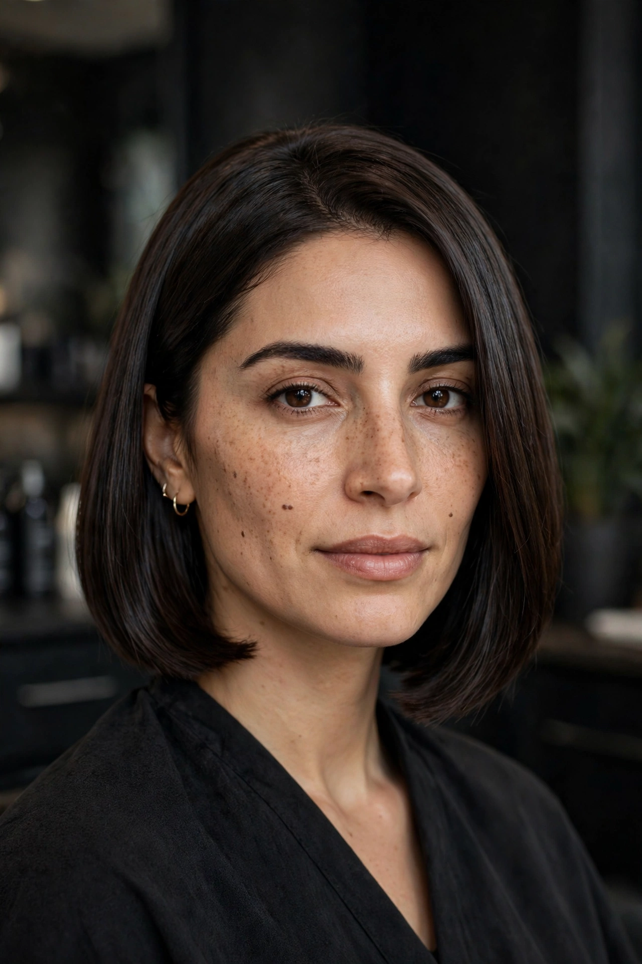 Deep espresso brown bob haircut with liquid mirror shine and polished blunt ends