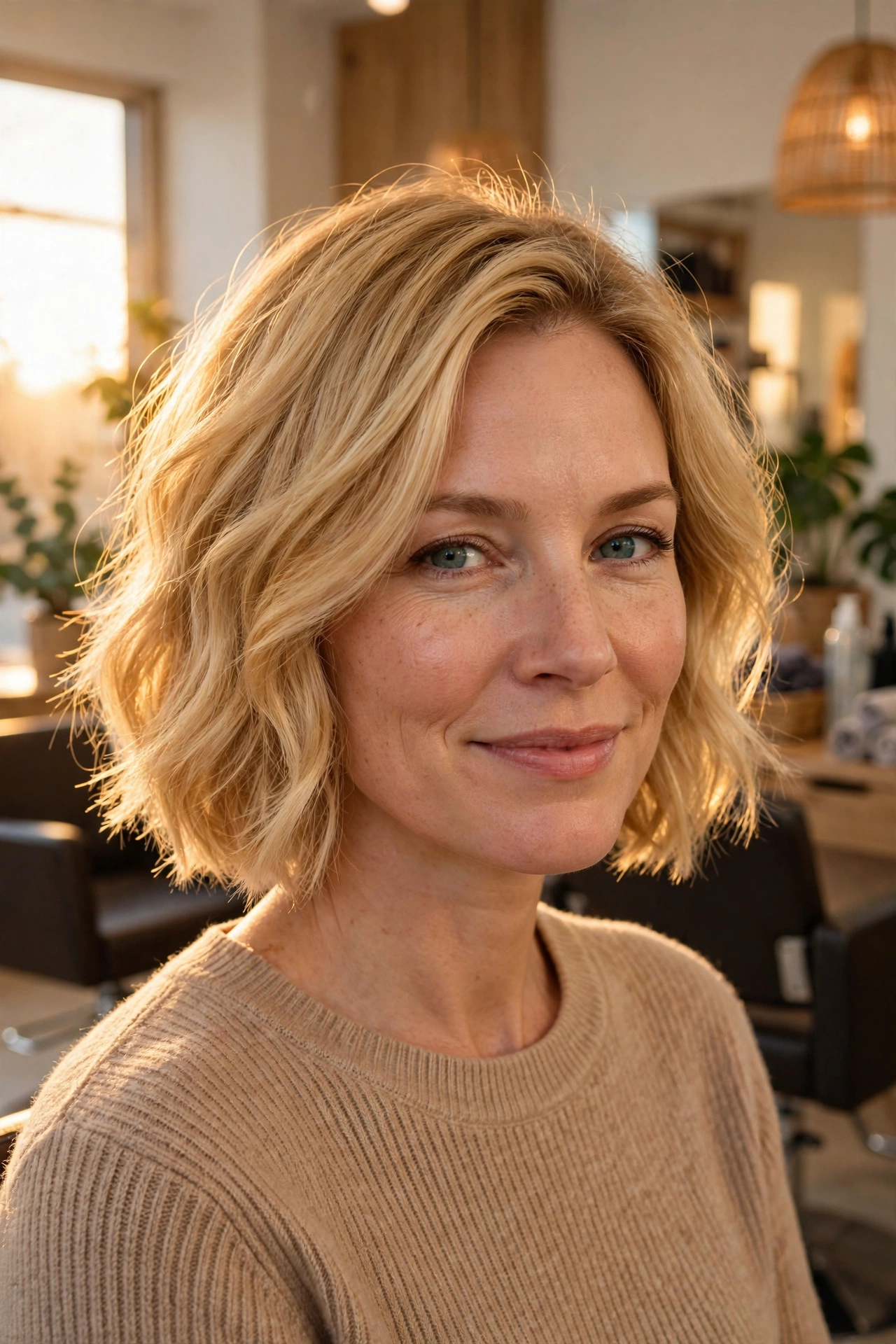 Warm golden blonde bob haircut with radiant shine and soft tousled waves