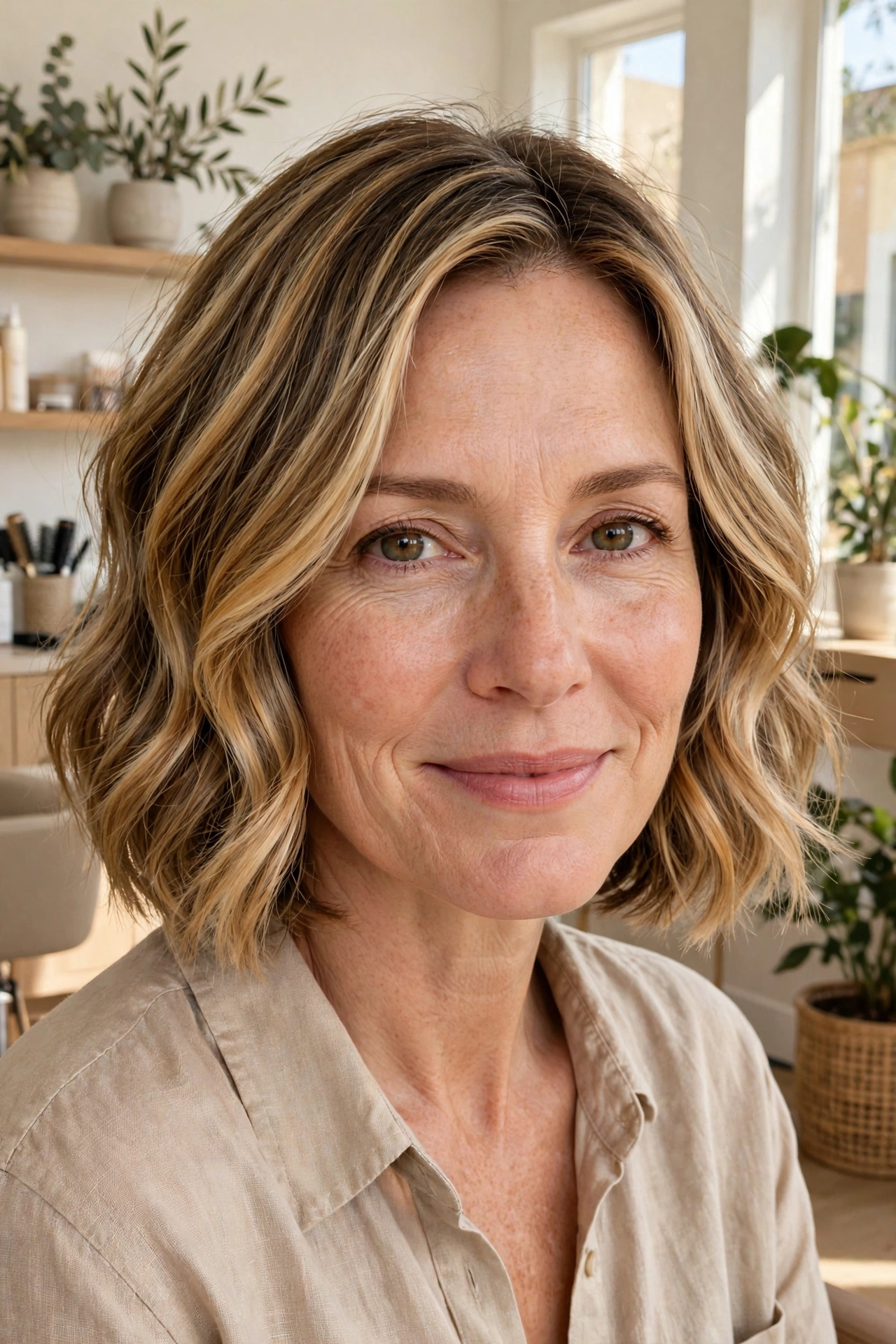 Honey blonde balayage bob haircut with warm golden ribbons through a darker blonde base