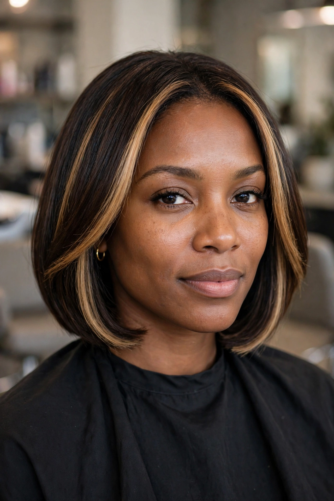 Dark brown bob haircut with bright caramel blonde money piece highlights framing the face