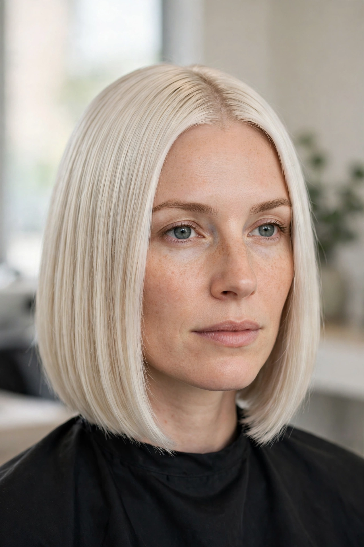 Sleek platinum blonde bob haircut with icy bright tone and glass shine