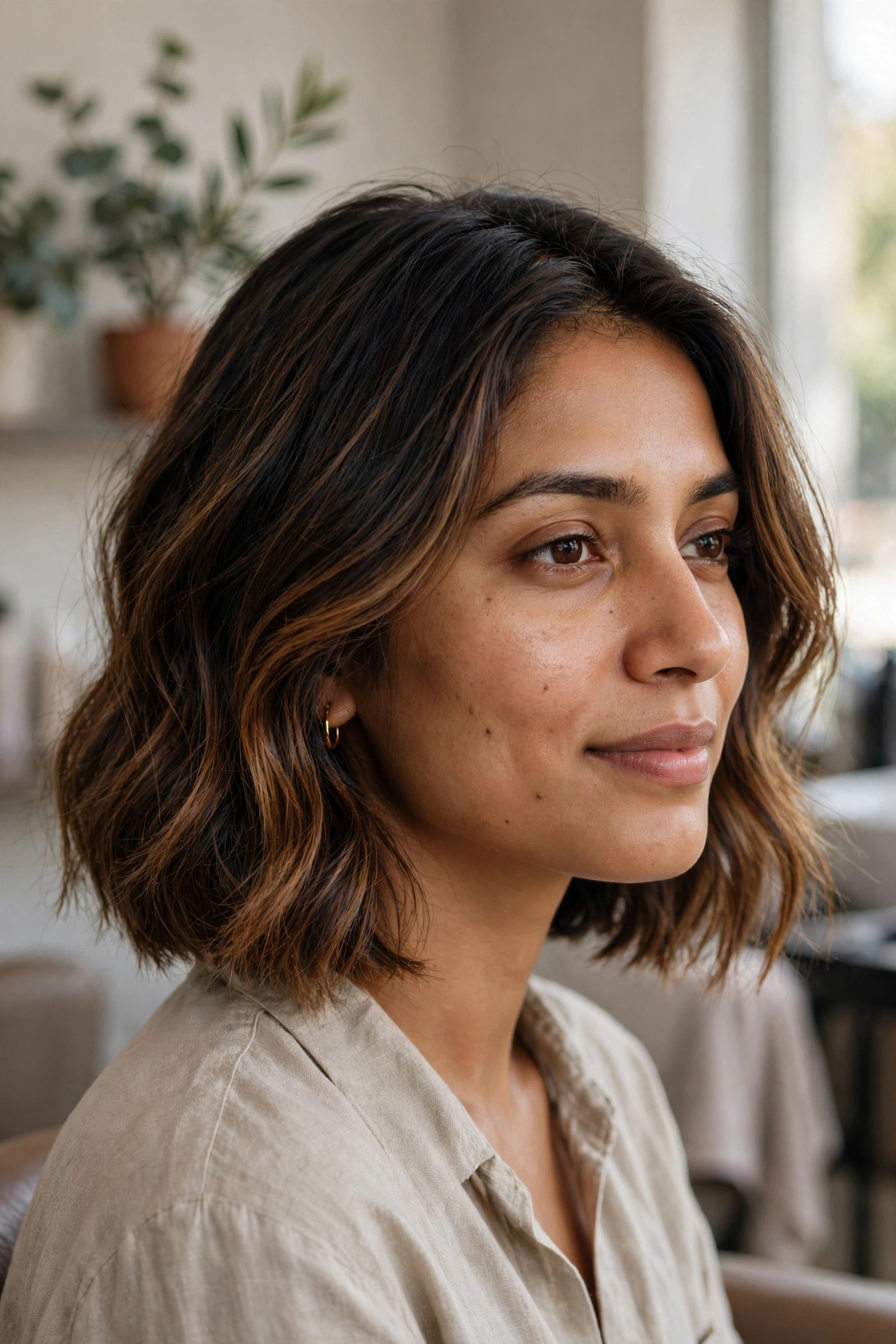 Brunette bob haircut with soft root smudge and shadowed roots melting into warm brown