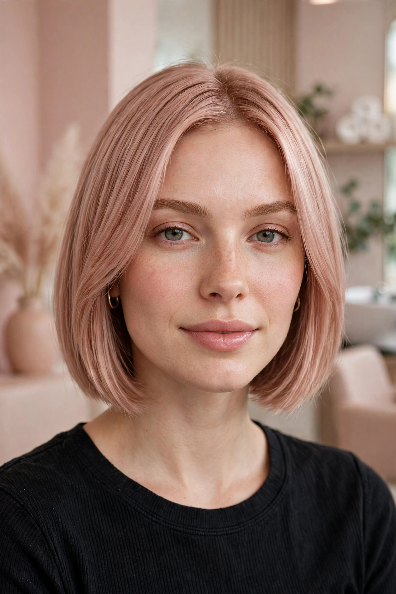 Soft rose gold bob haircut with delicate pink-peach metallic shimmer
