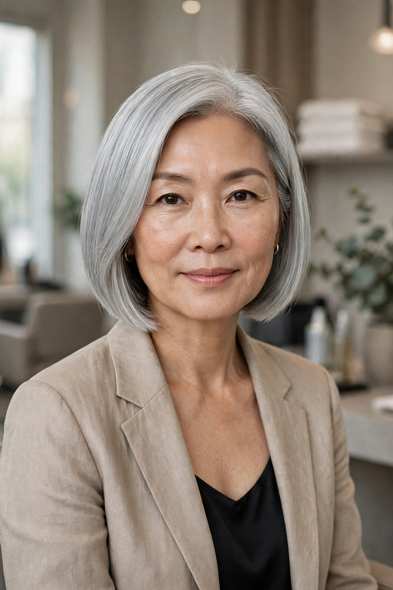 Sleek silver gray bob haircut with luminous metallic tone and mirror shine