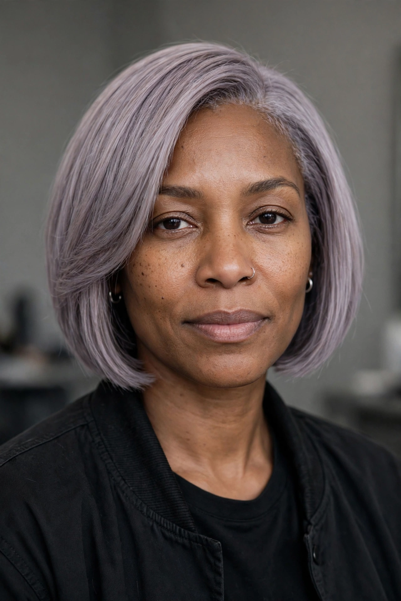 Smoky lilac pastel bob haircut with muted lavender-gray tone and modern finish