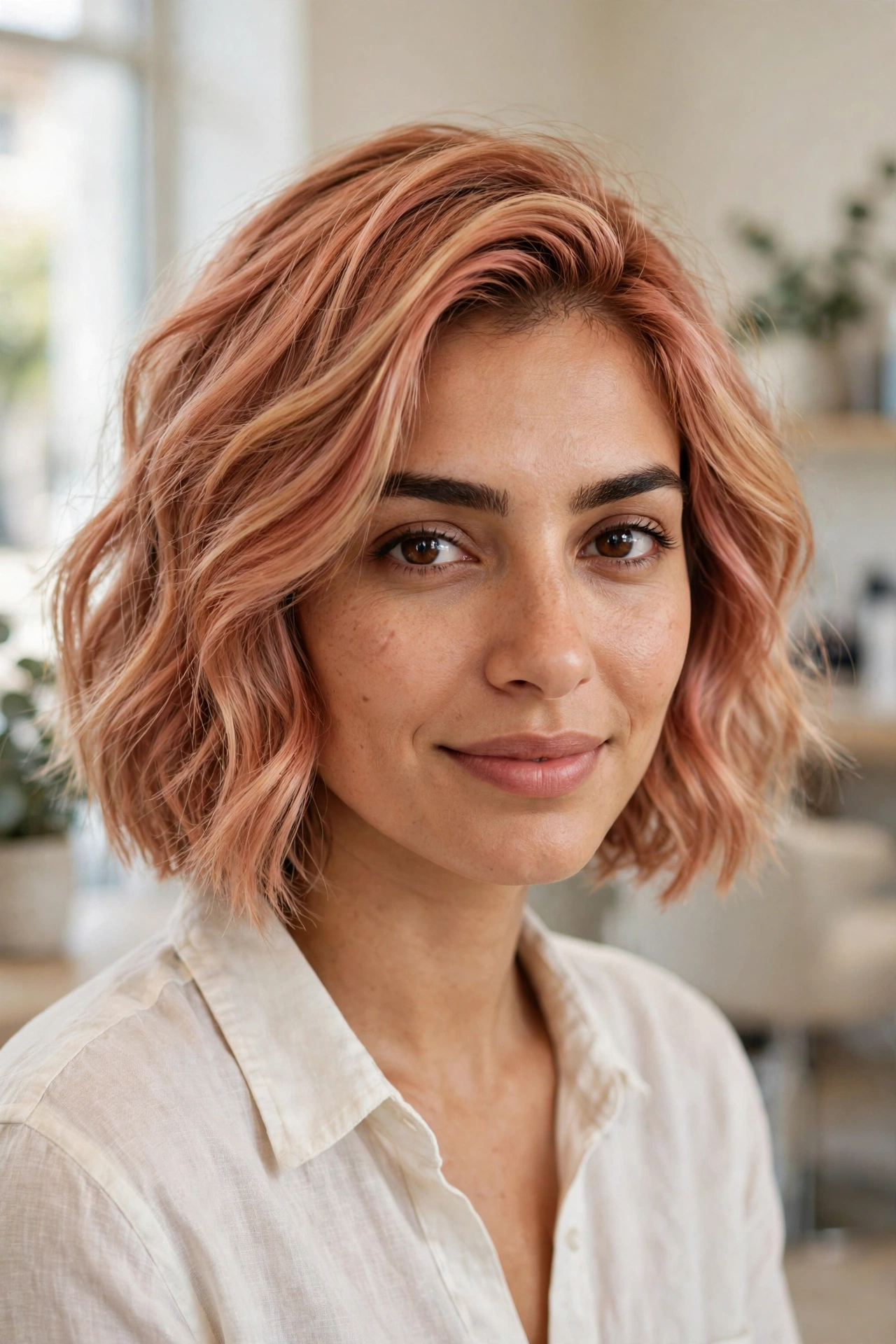 Strawberry blonde bob haircut with warm coppery-pink blonde blend and soft waves