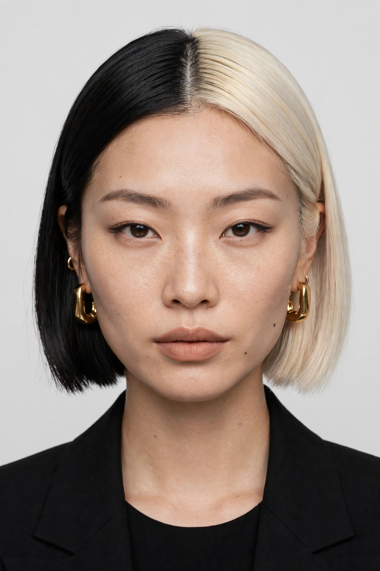 Two-tone split dye bob haircut, one side jet black and the other platinum blonde