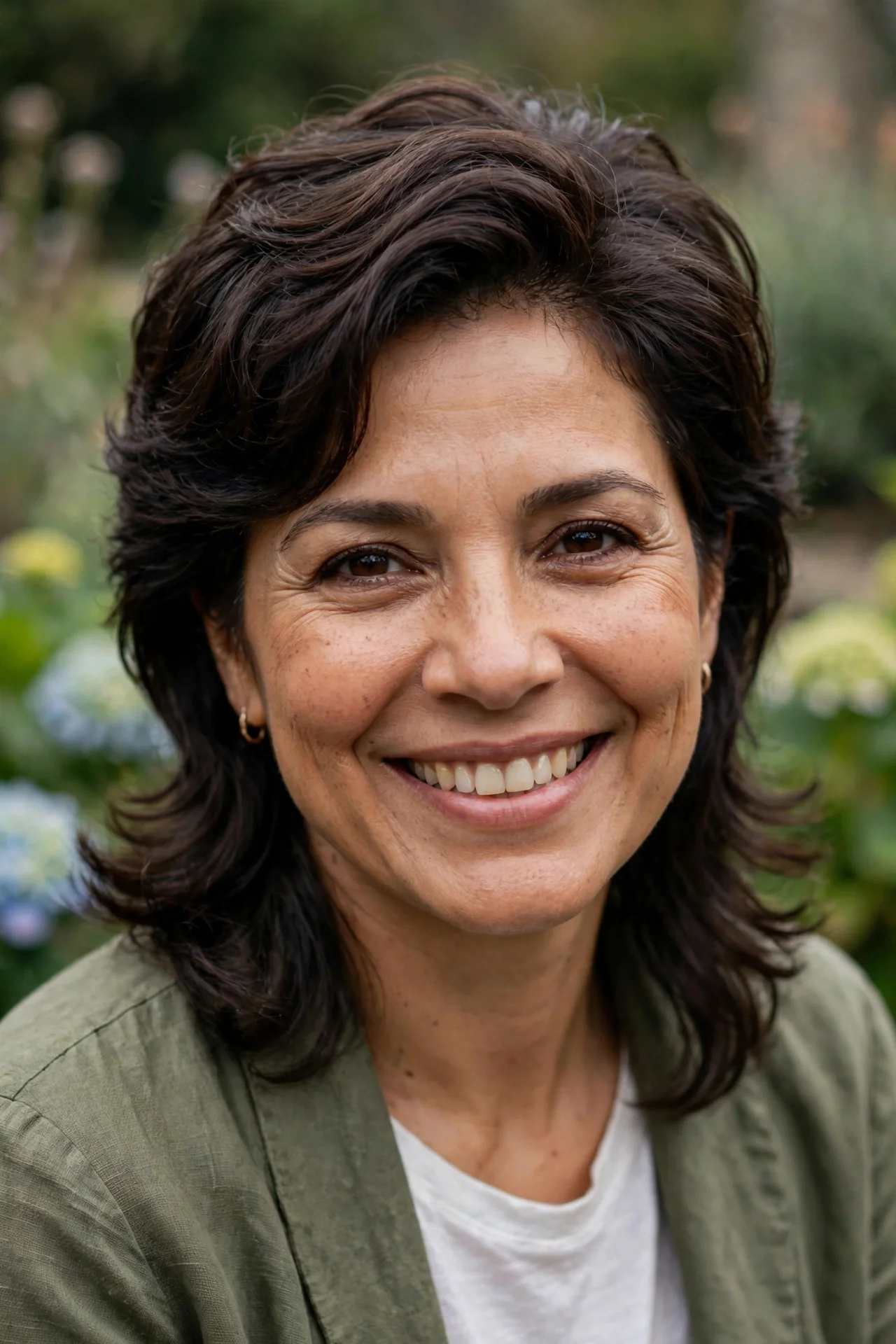 Longer bob-leaning bixie cut with soft layers on a woman with thick hair
