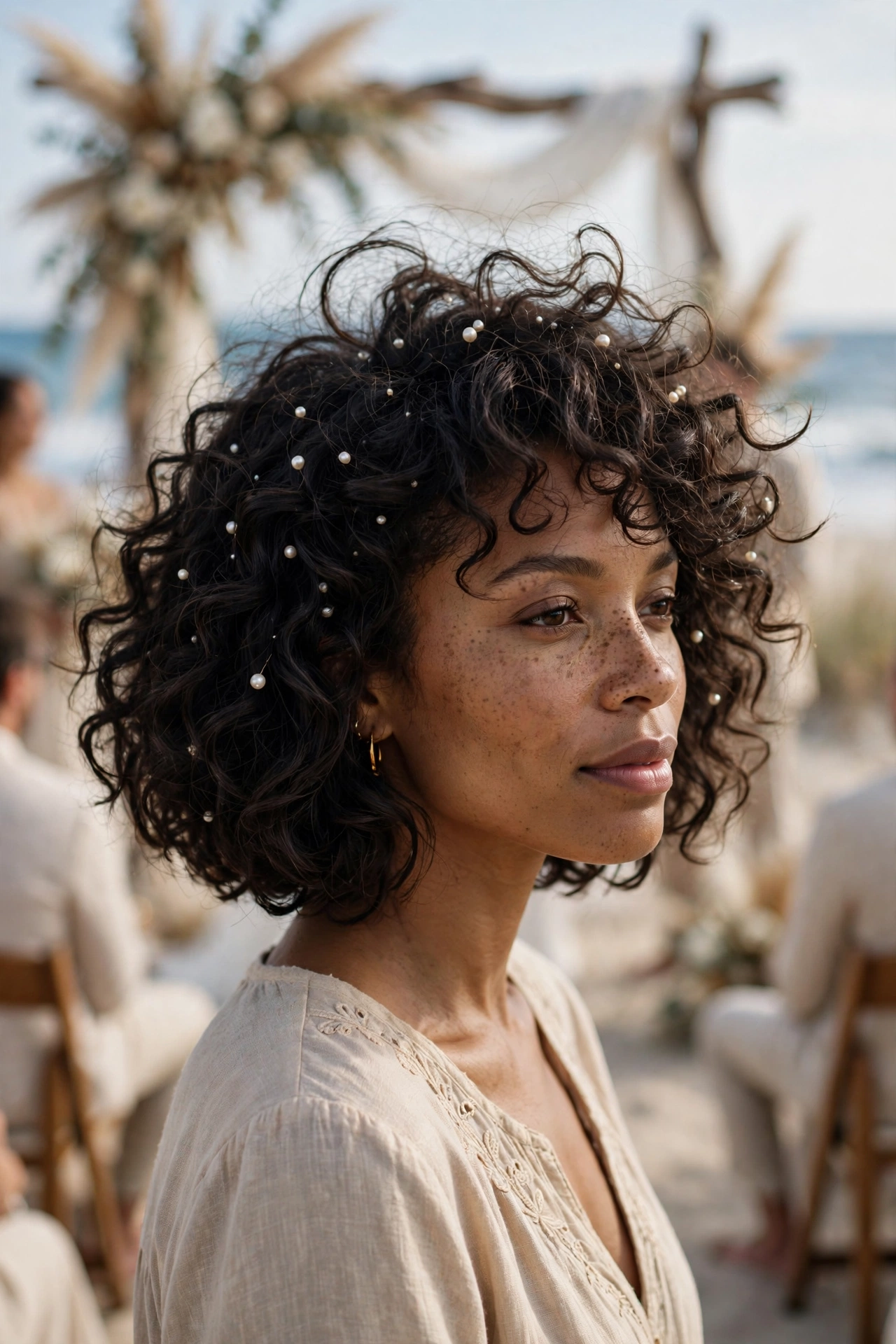 Curly boho bob haircut with instant volume for fine hair decorated with pearl hair pins at a beach wedding