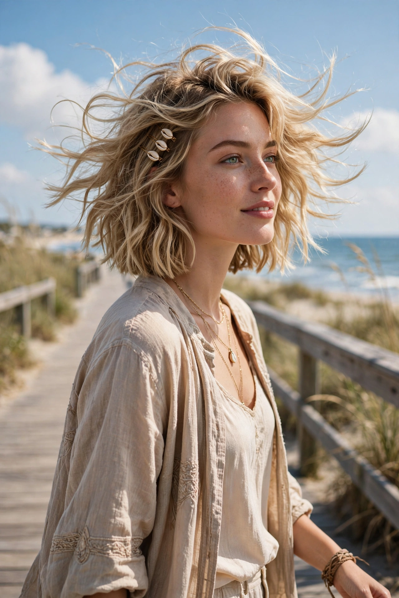 Windblown sandy blonde boho bob haircut with airy volume for fine hair and natural shell hair clips on a seaside boardwalk