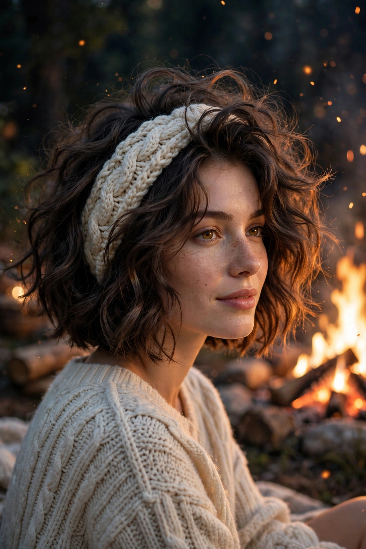 Smoky wavy boho bob haircut with big root volume for fine hair and a chunky knit headband by a bonfire at night