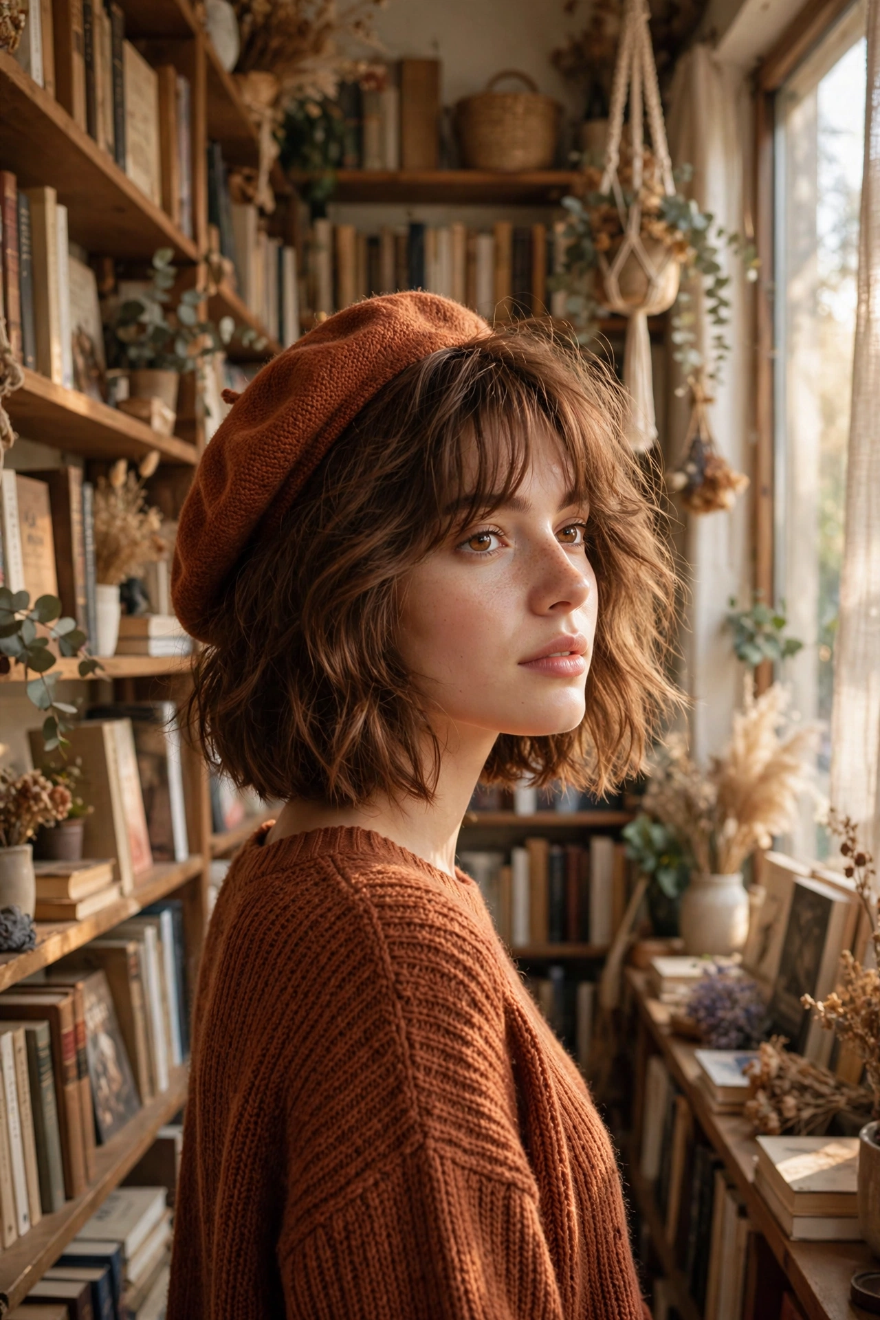 Boho bob haircut with curtain bangs giving fine hair volume worn with a rust beret in a cozy bookstore