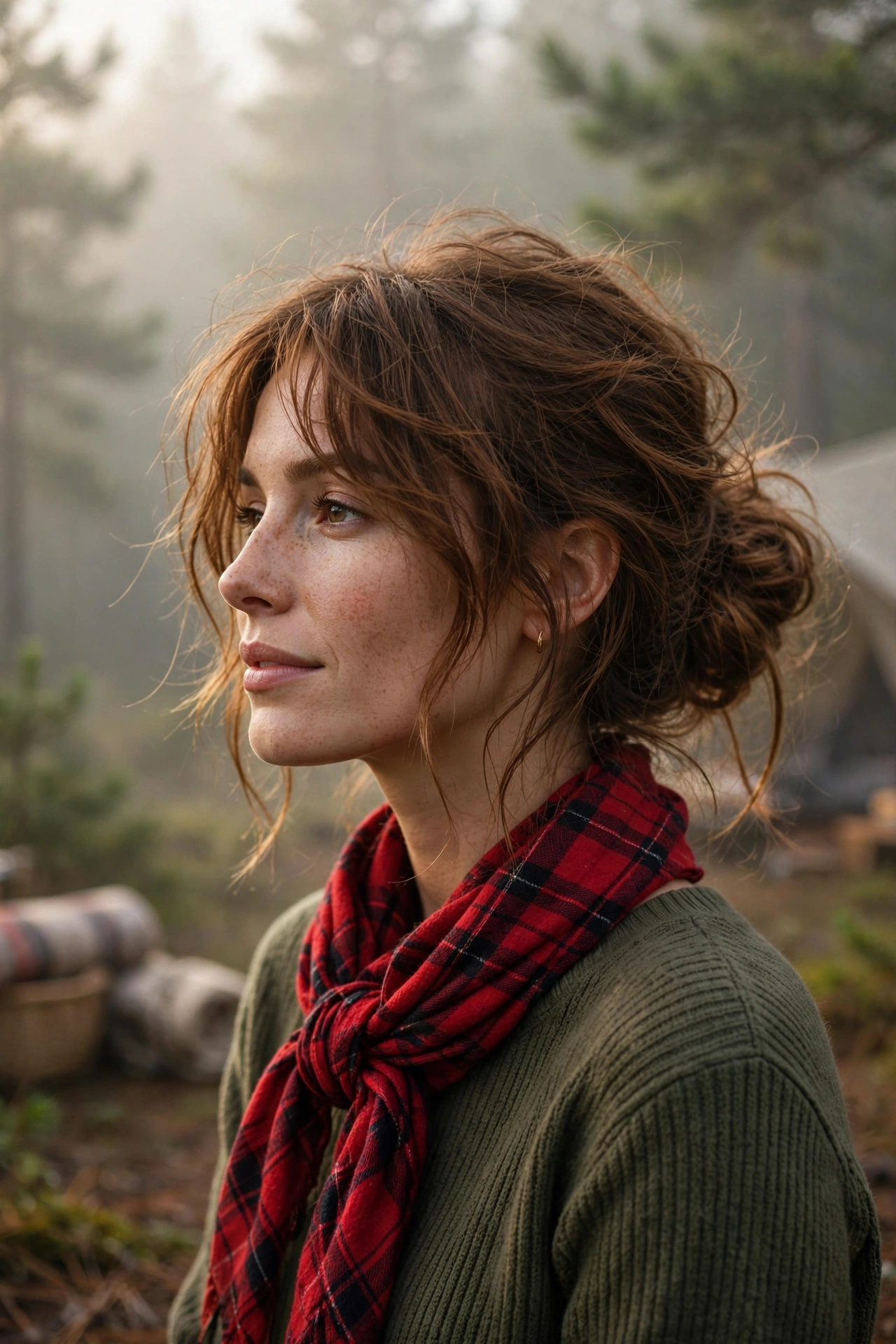 Tousled boho bob in a loose low bun with face-framing volume for fine hair and a flannel scarf at a misty campsite