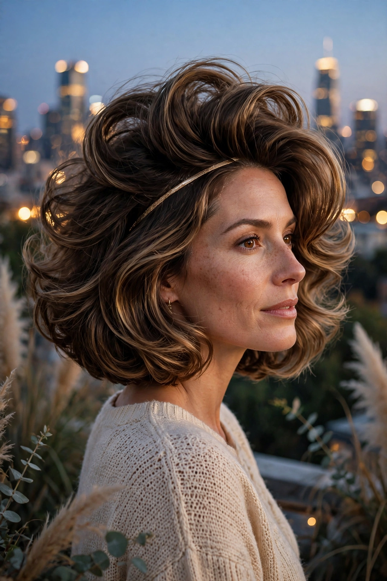 Glossy voluminous blowout boho bob haircut for fine hair with dramatic root lift and a metallic gold headband at dusk