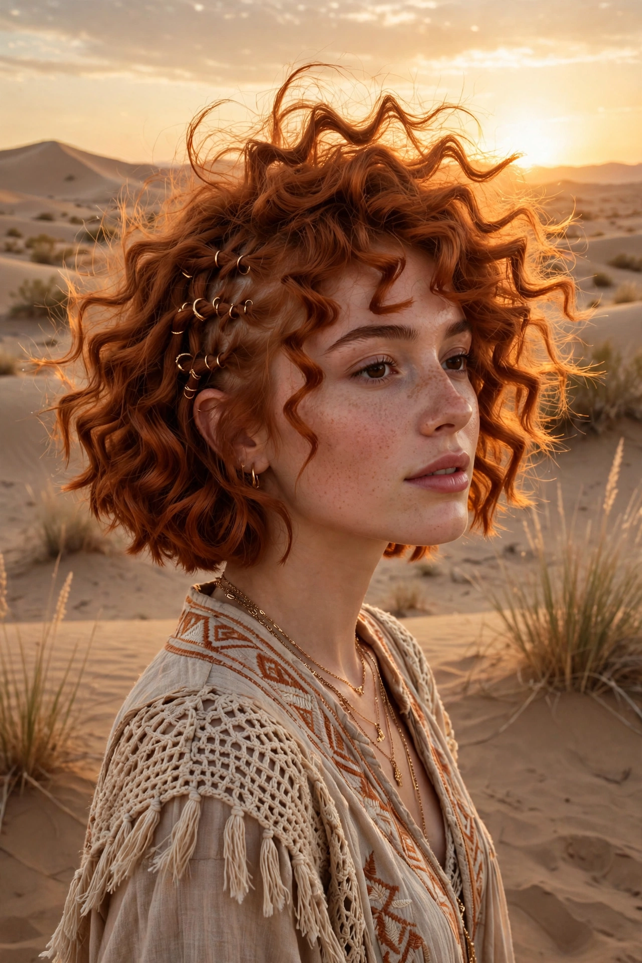Copper crimped boho bob haircut with big airy volume for fine hair and gold hair rings at desert sunset