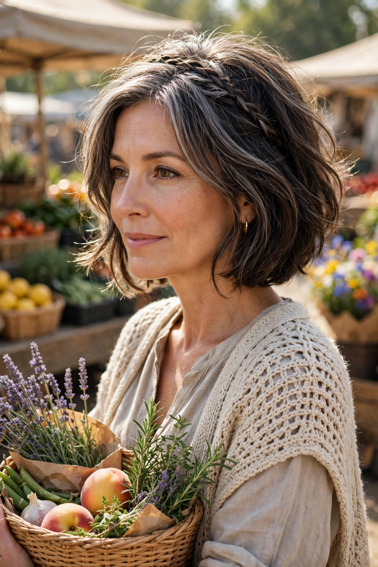 Voluminous boho bob with a braided headband lifting fine hair at a sunny farmers market