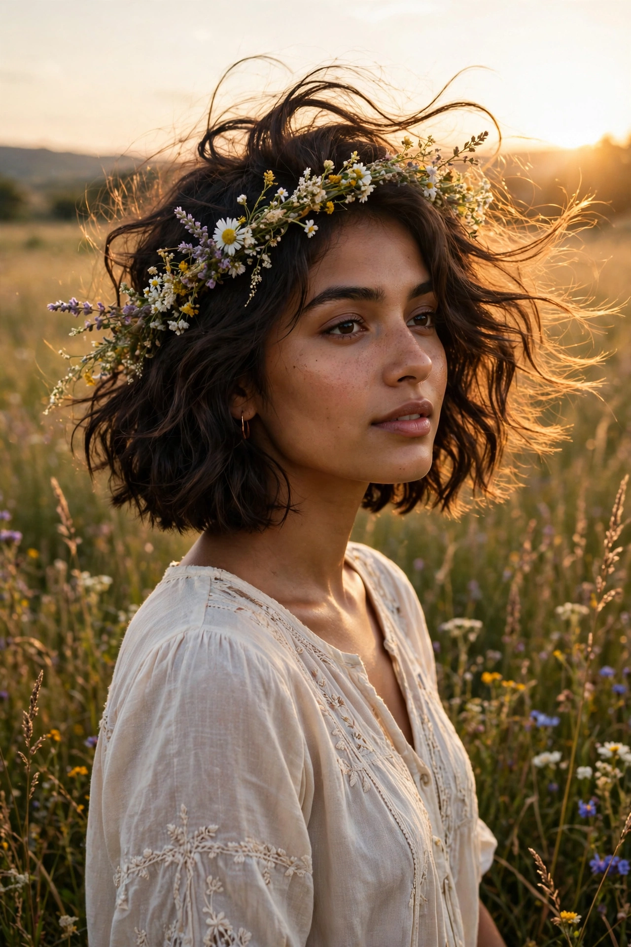 Voluminous wavy boho bob haircut for fine hair with a wildflower crown in a sunlit meadow at golden hour