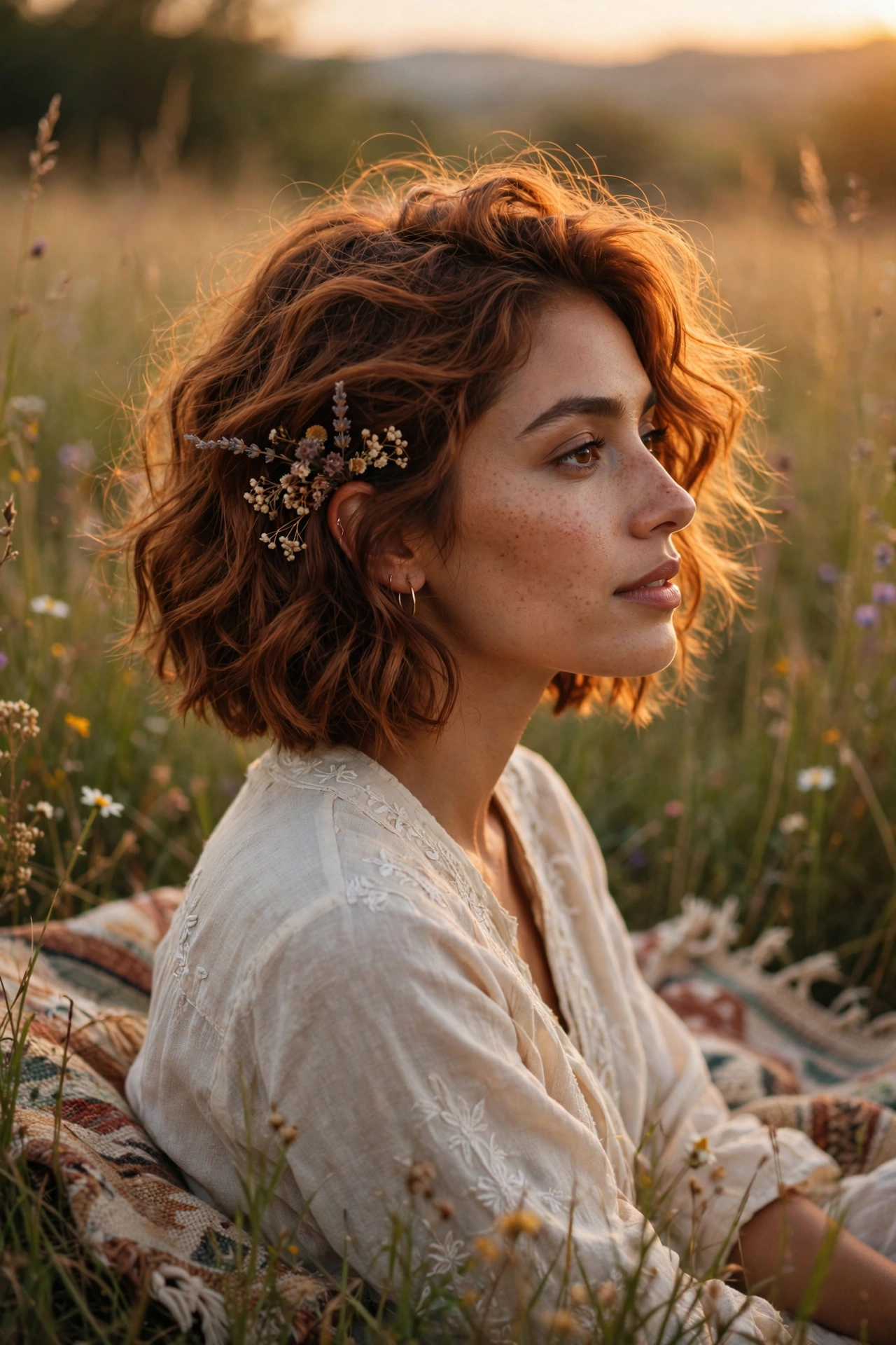 Wavy boho bob haircut giving fine hair instant volume with dried flowers tucked behind the ear at a golden hour picnic