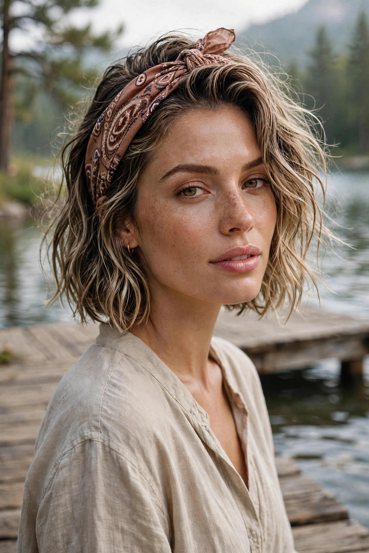 Wet-look wavy boho bob haircut with volume for fine hair styled with a knotted bandana headband at a lake dock