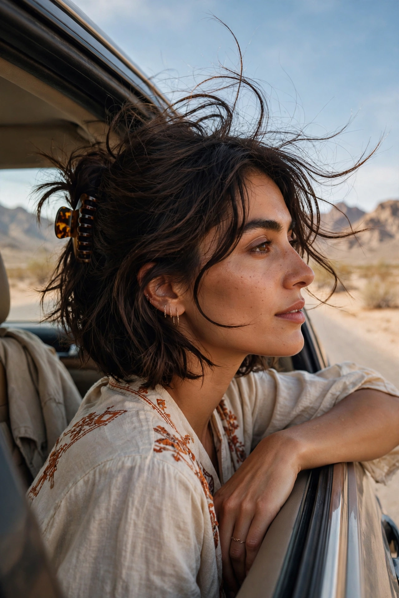 Tousled voluminous boho bob haircut for fine hair with a tortoiseshell claw clip on a desert road trip